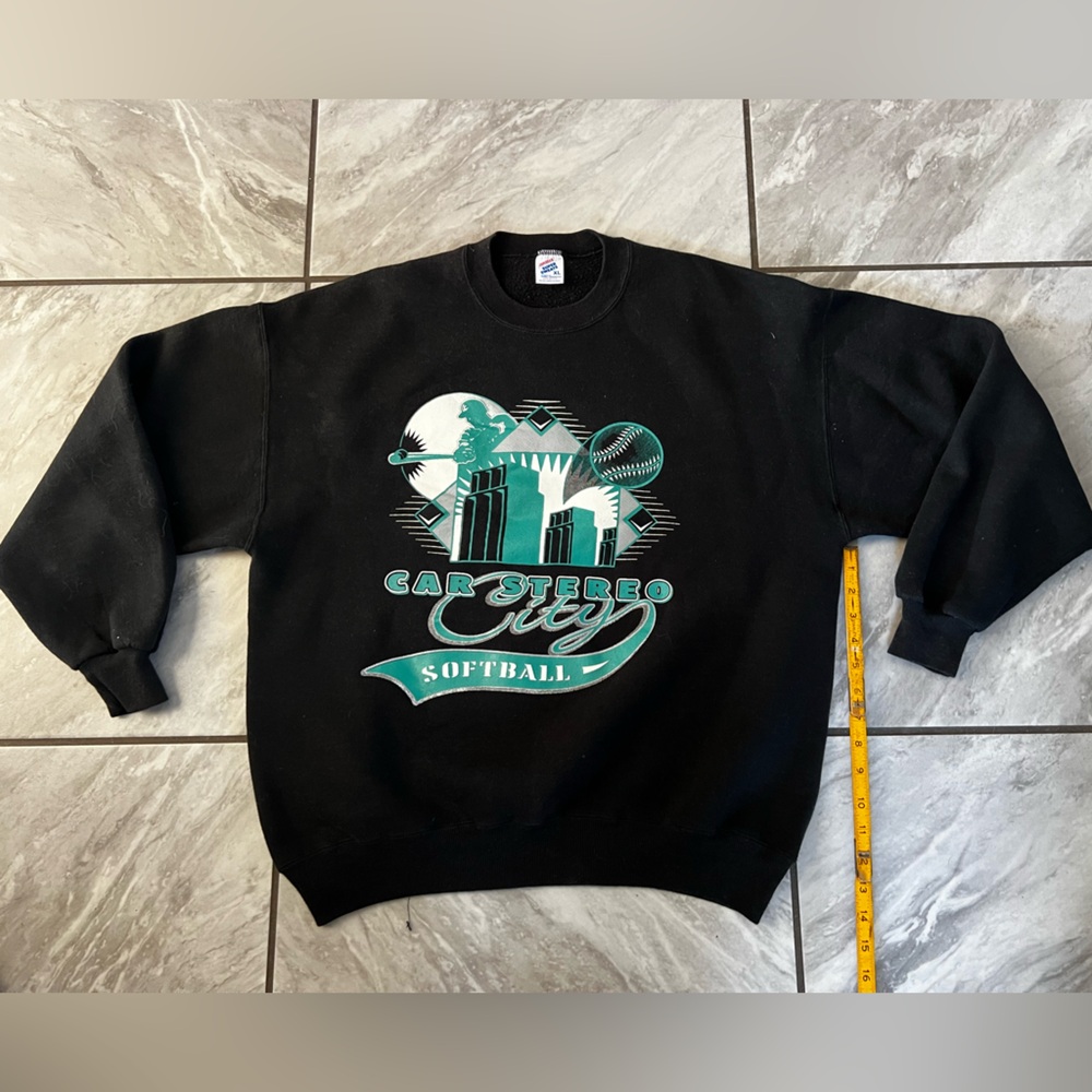 Vintage Car Stereo City Softball Sweater Black XL 1990s Sound USA MADE JERZEES